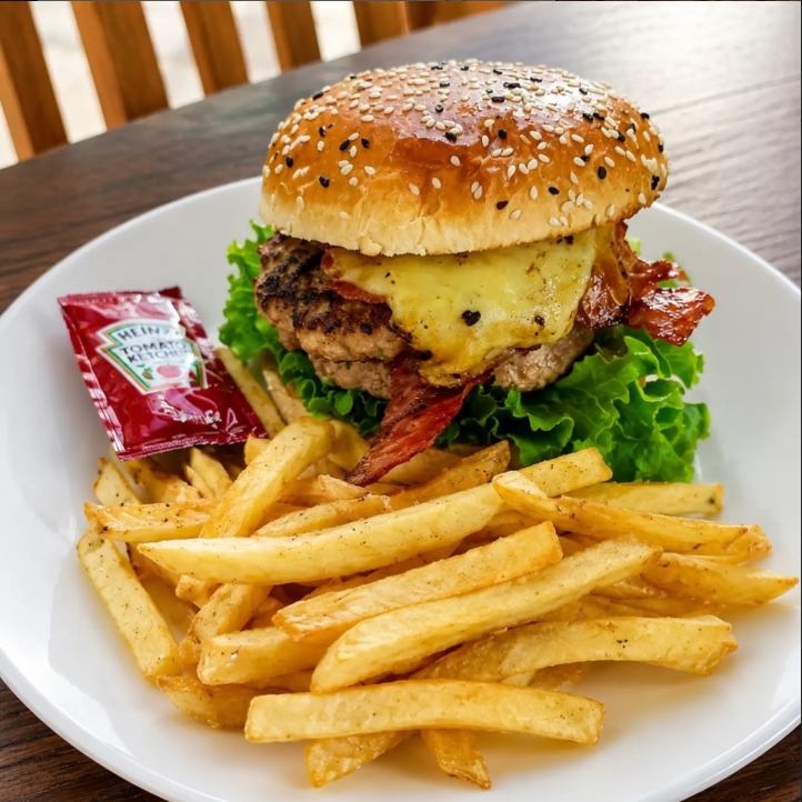 Hamburguesa Babysita con queso amarillo, tocino y papas a la francesa
